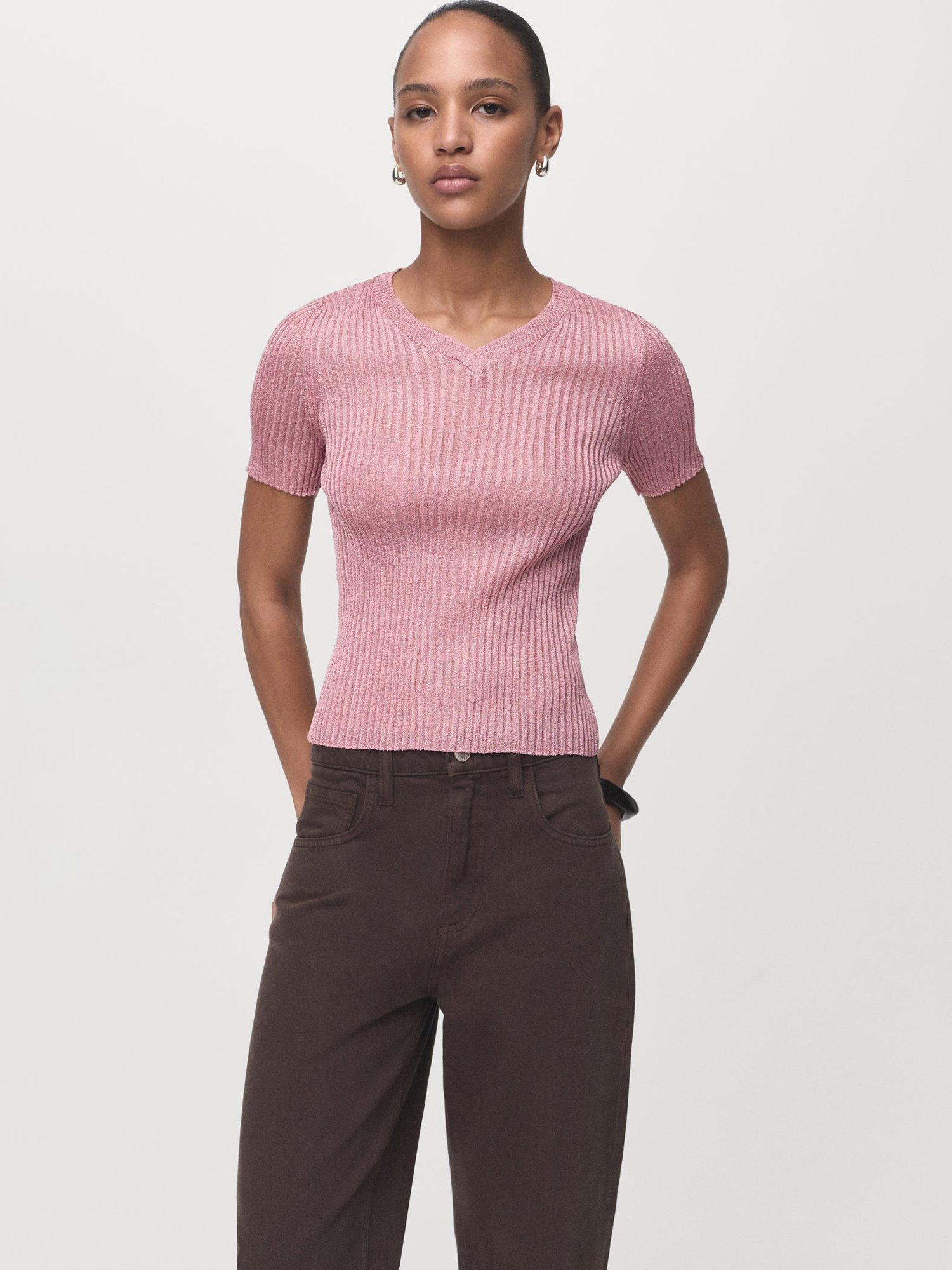 Product image 1 of 8, which shows Mango Tomaset Rib Knit Top, Pastel Pink, L