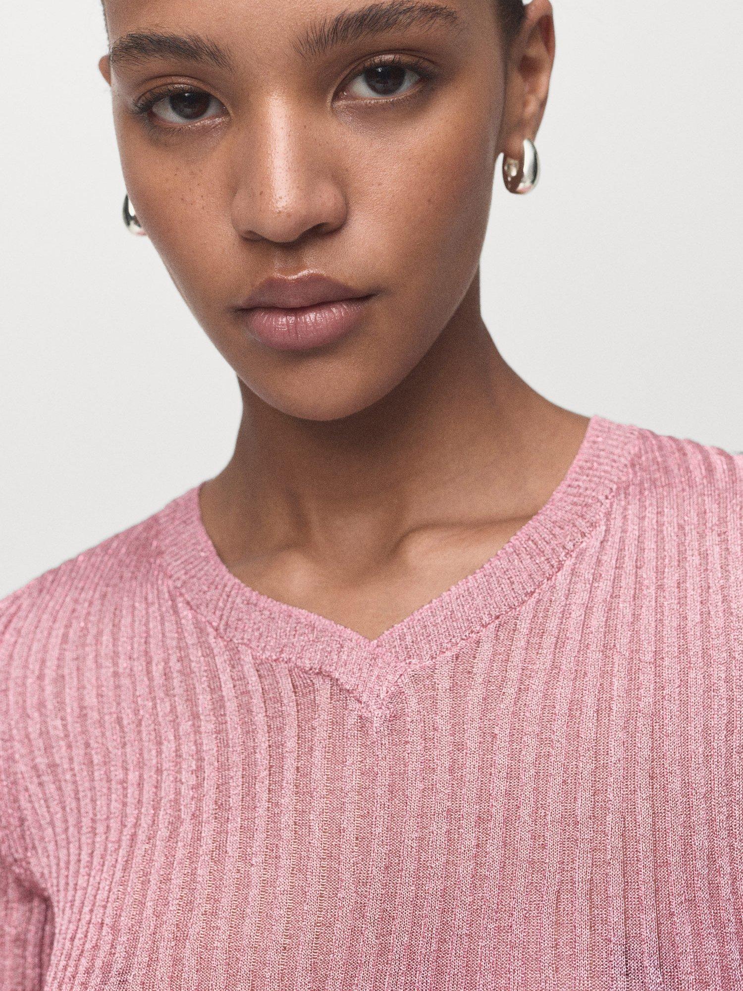Product image 6 of 8, which shows Mango Tomaset Rib Knit Top, Pastel Pink, L