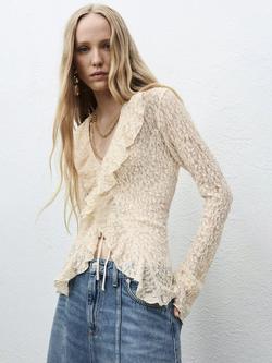 Mango Castell Ruffle Long Sleeve Top, Natural White, Natural White