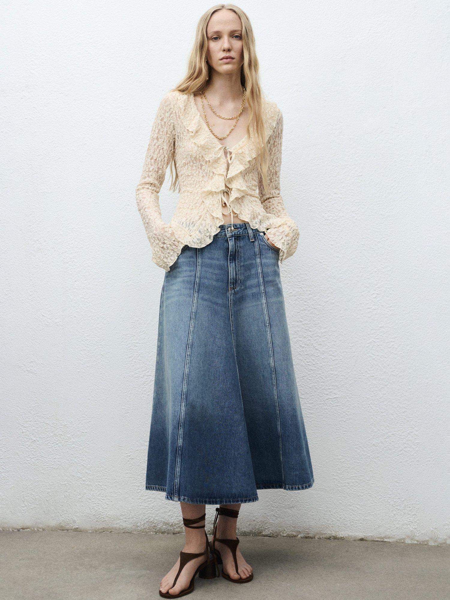 Product image 2 of 6, which shows Mango Castell Ruffle Long Sleeve Top, Natural White, S