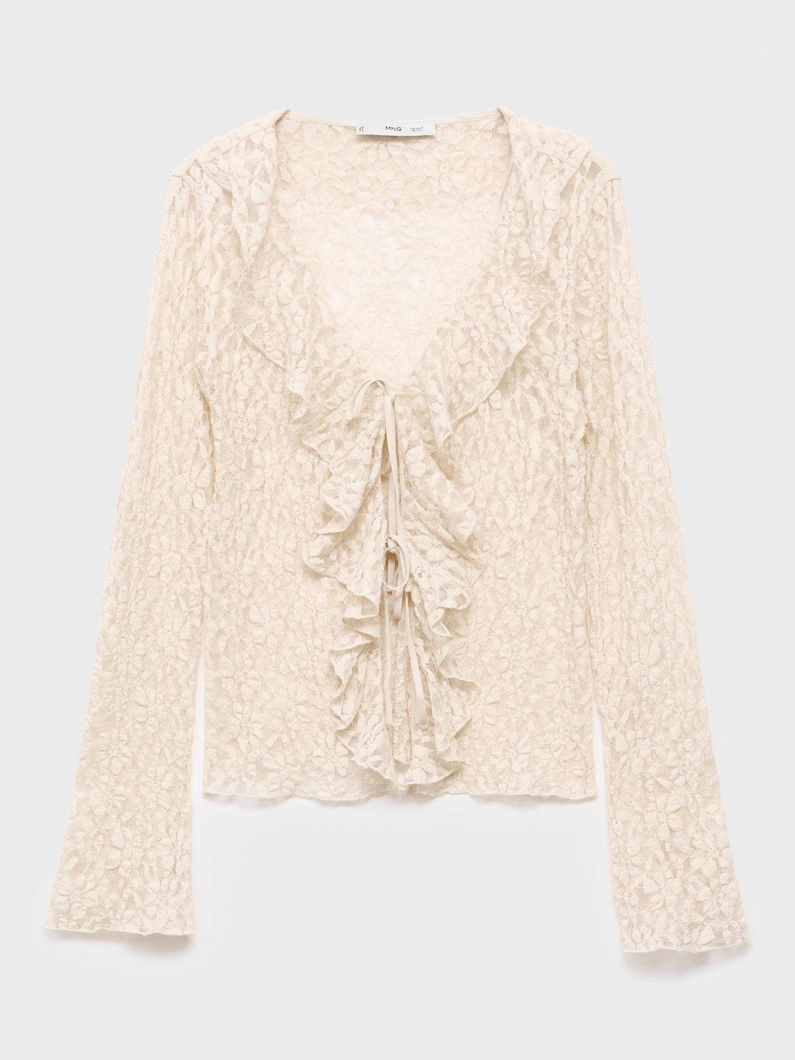 Product image 3 of 6, which shows Mango Castell Ruffle Long Sleeve Top, Natural White, S
