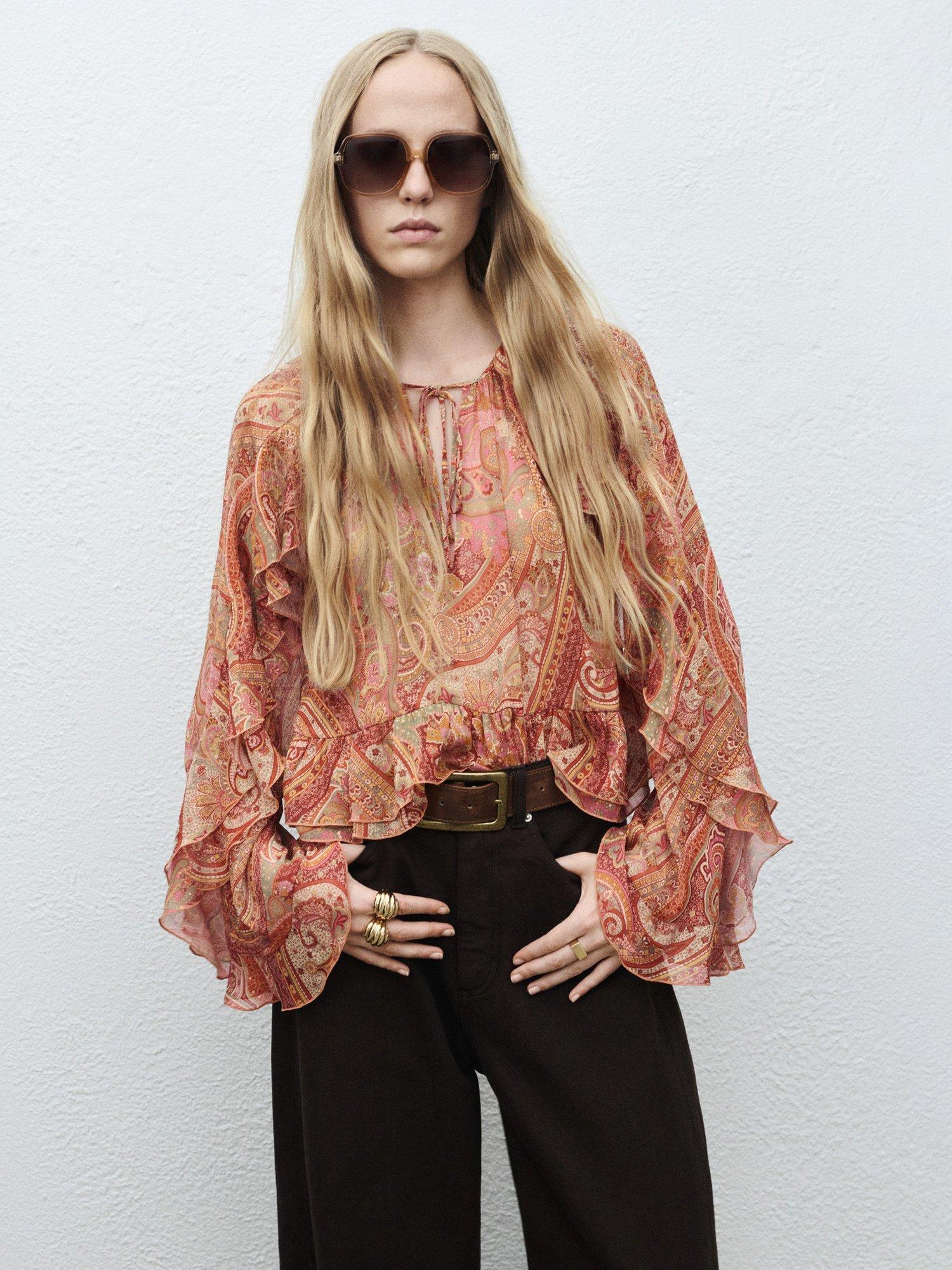 Product image 1 of 7, which shows Mango Icey Paisley Ruffle Top, Brown, 10