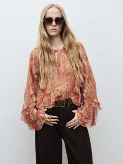 Mango Icey Paisley Ruffle Top, Brown, Brown