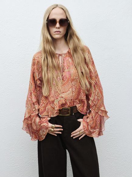 Mango Icey Paisley Ruffle Top, Brown, Brown