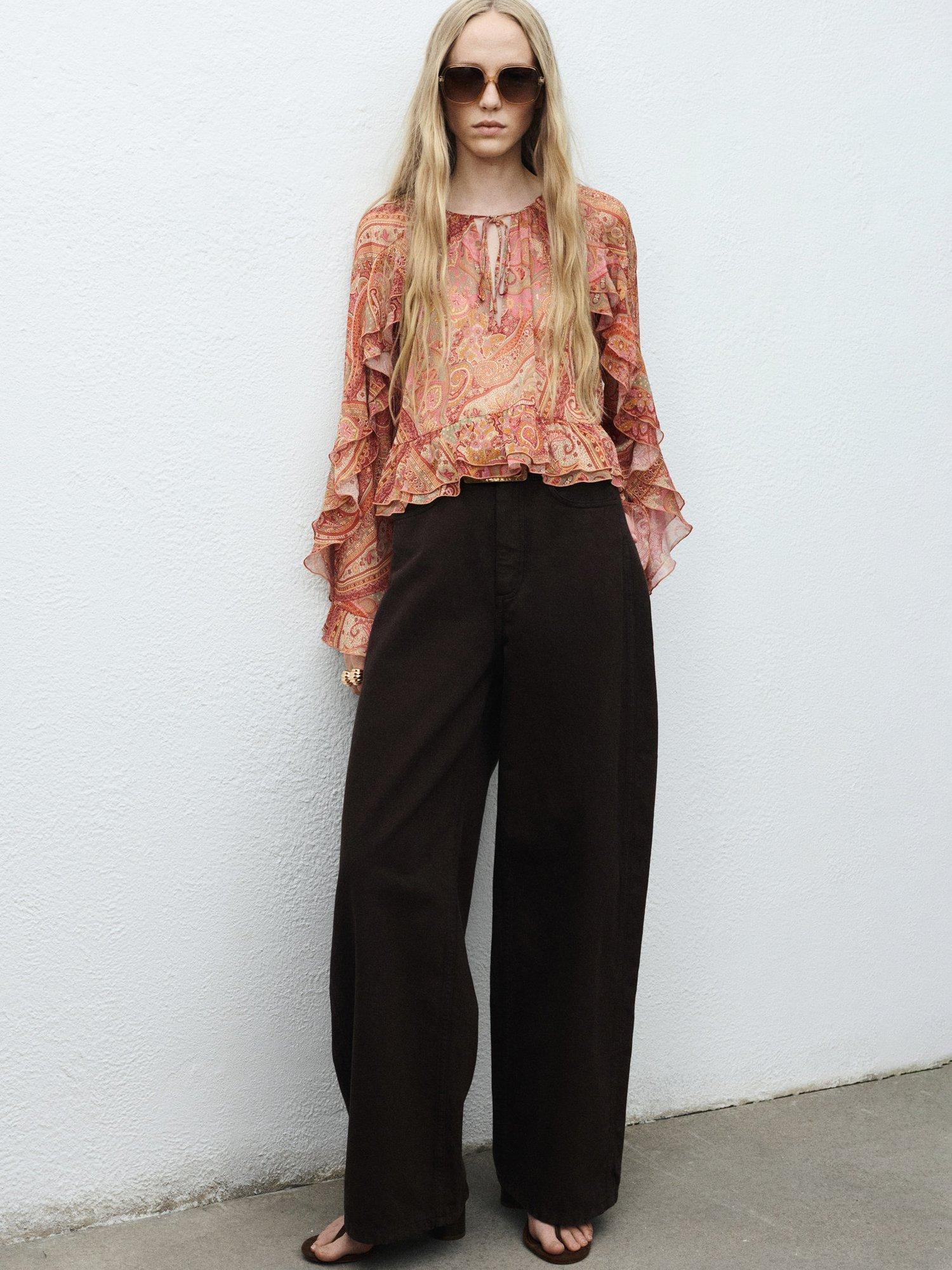 Product image 2 of 7, which shows Mango Icey Paisley Ruffle Top, Brown, 10