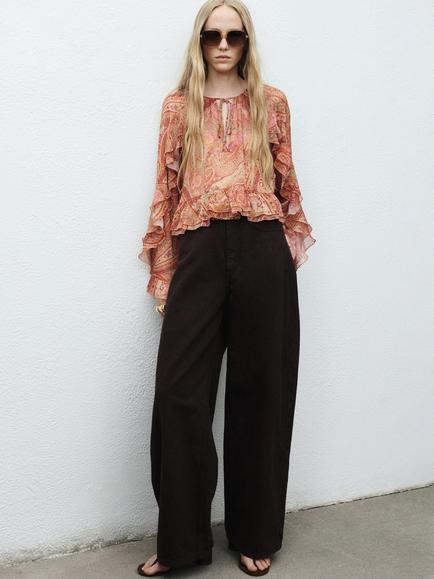 Mango Icey Paisley Ruffle Top, Brown - view 2, Brown