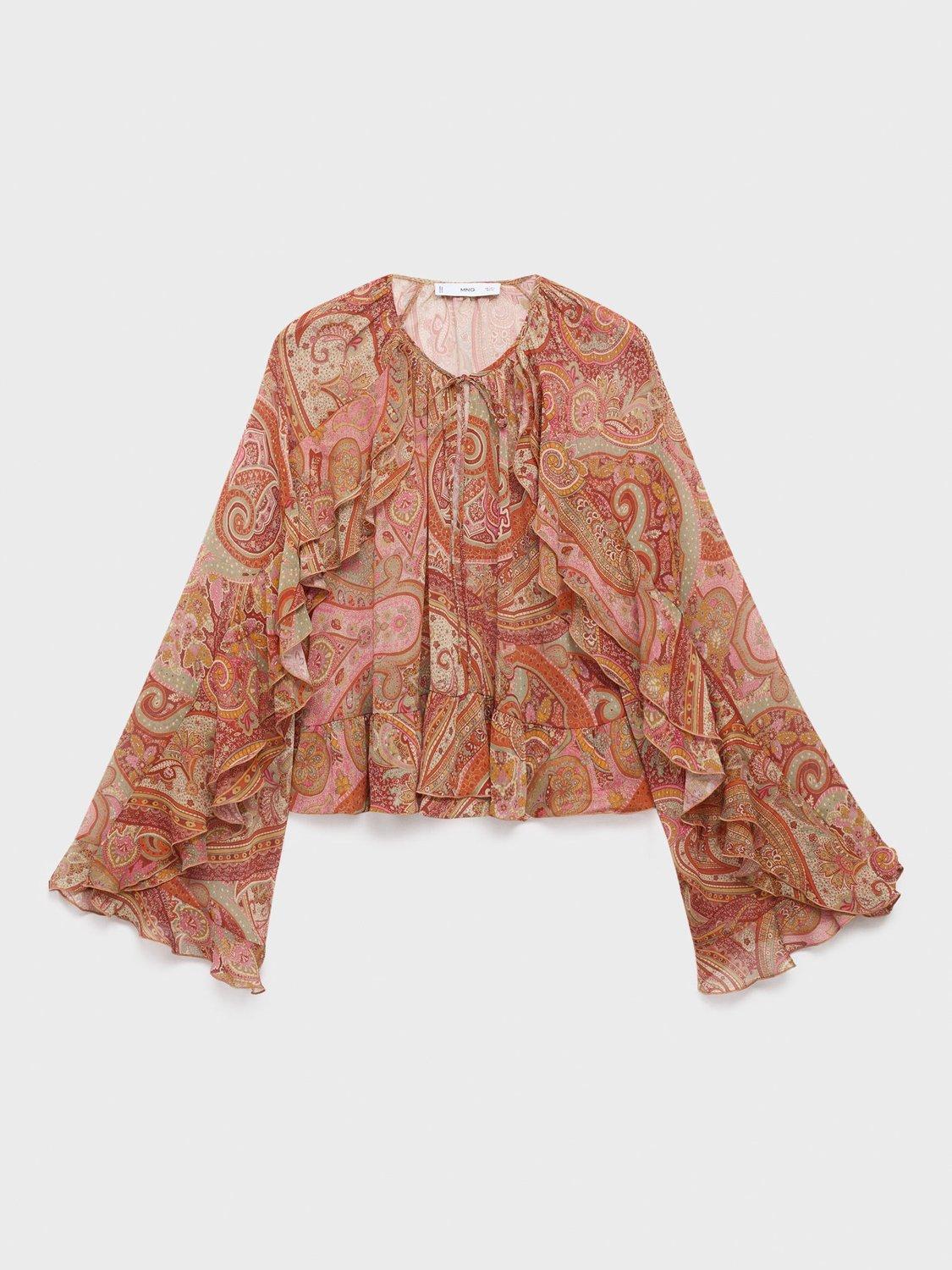 Product image 3 of 7, which shows Mango Icey Paisley Ruffle Top, Brown, 10