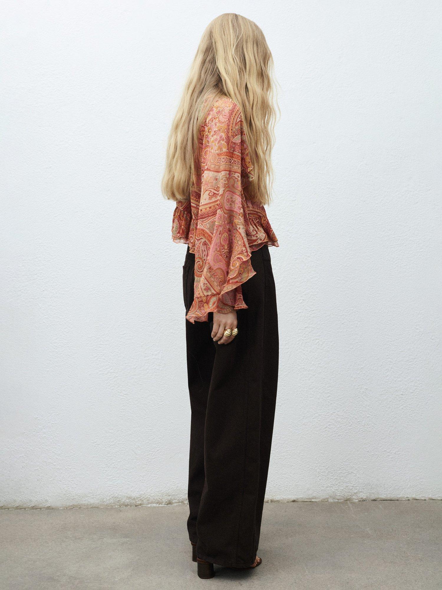 Product image 4 of 7, which shows Mango Icey Paisley Ruffle Top, Brown, 10