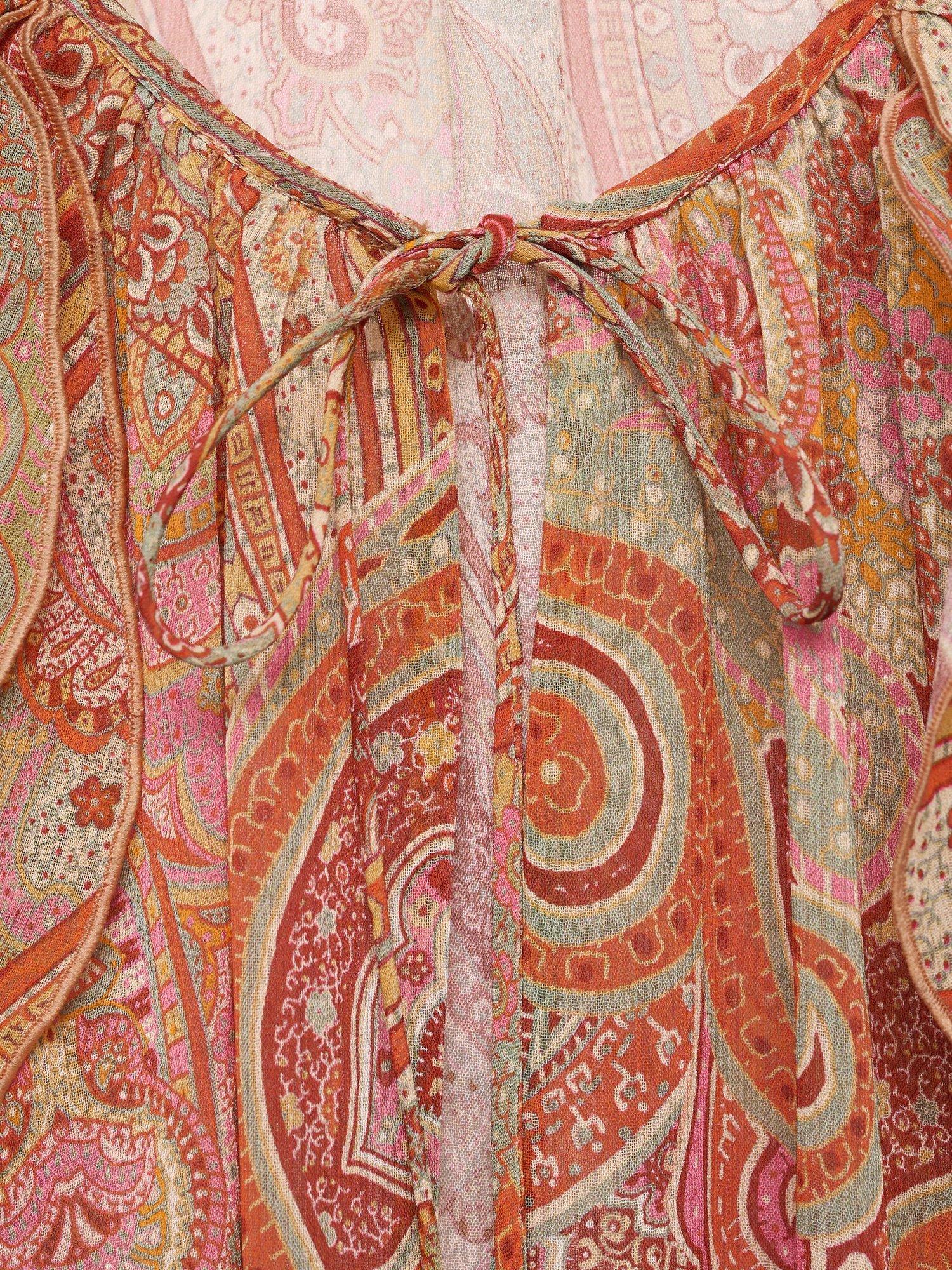 Product image 5 of 7, which shows Mango Icey Paisley Ruffle Top, Brown, 10