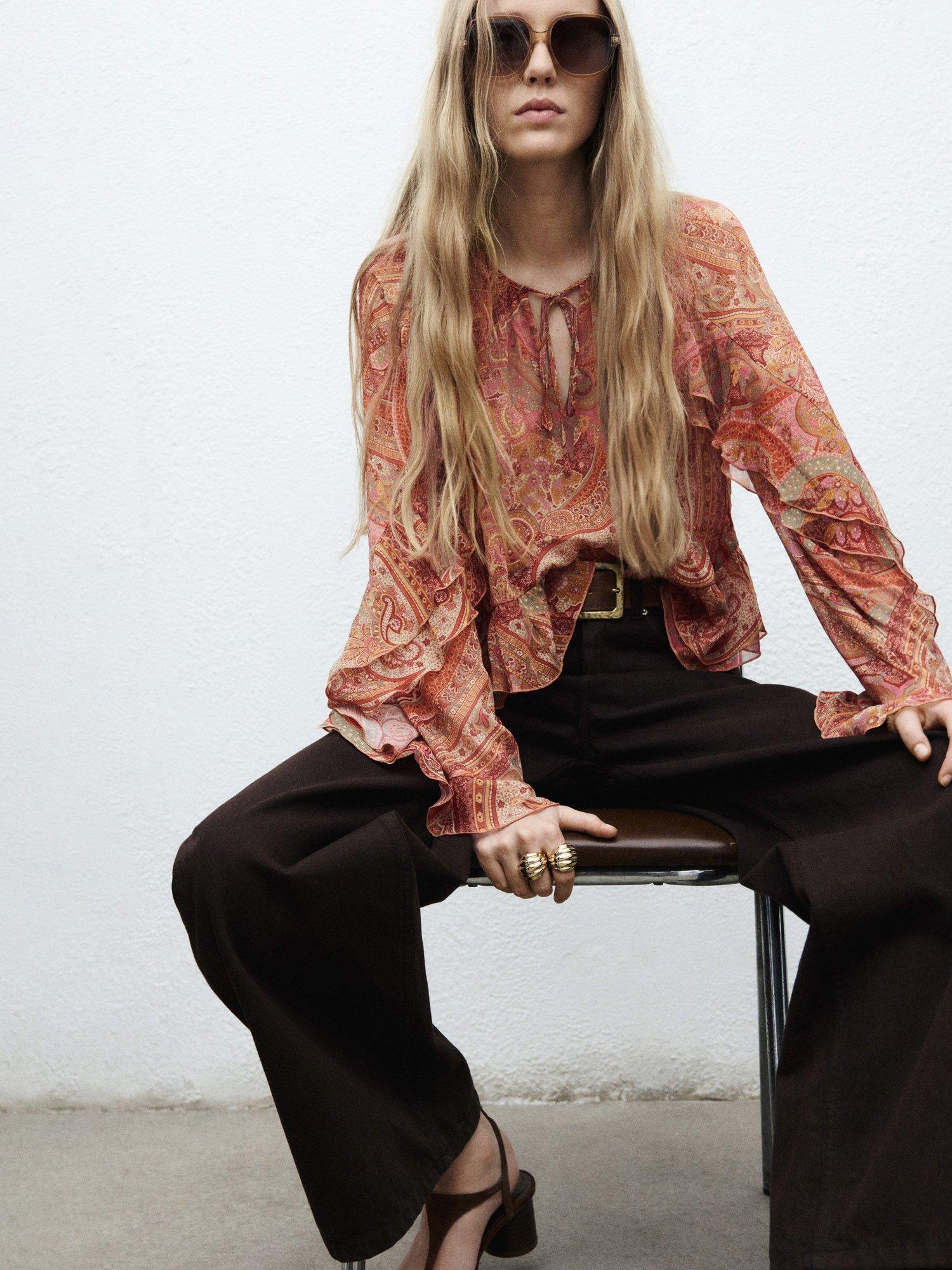 Product image 6 of 7, which shows Mango Icey Paisley Ruffle Top, Brown, 10