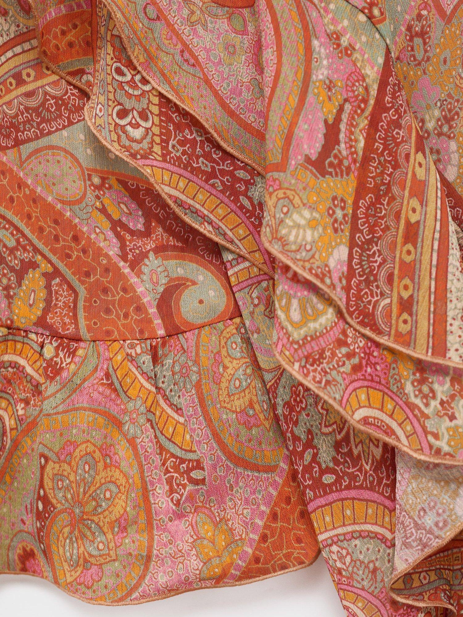 Product image 7 of 7, which shows Mango Icey Paisley Ruffle Top, Brown, 10