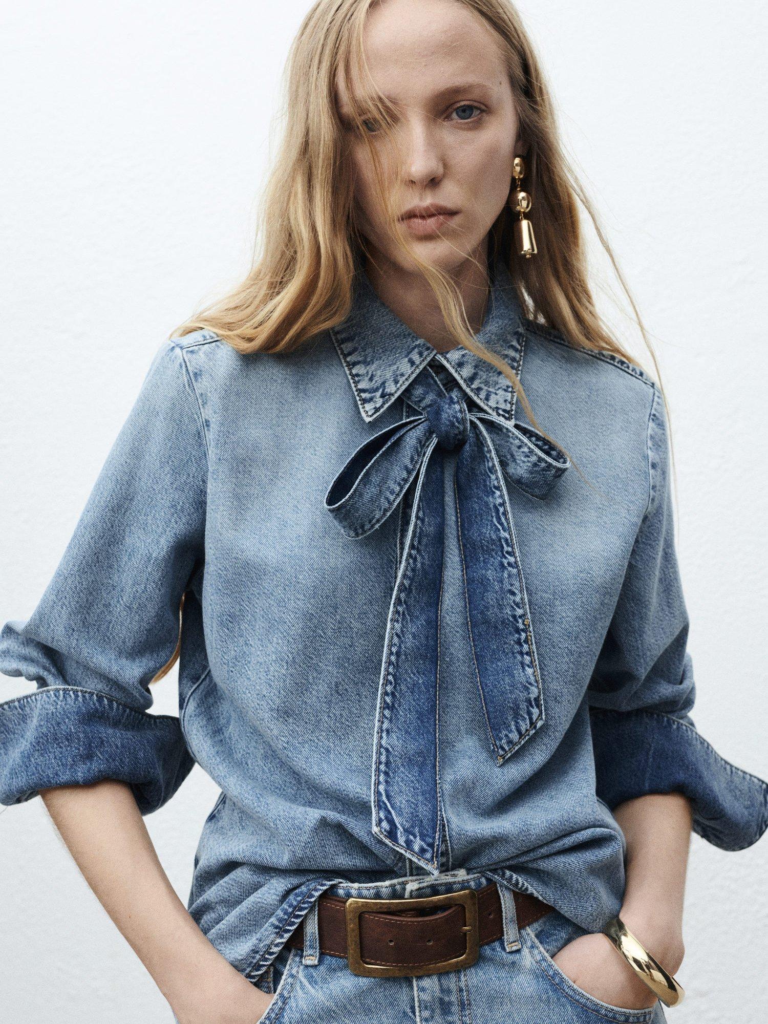 Product image 1 of 8, which shows Mango Lana Tie Neck Denim Shirt, Mid Blue, 6