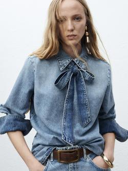 Mango Lana Tie Neck Denim Shirt, Mid Blue, Mid Blue