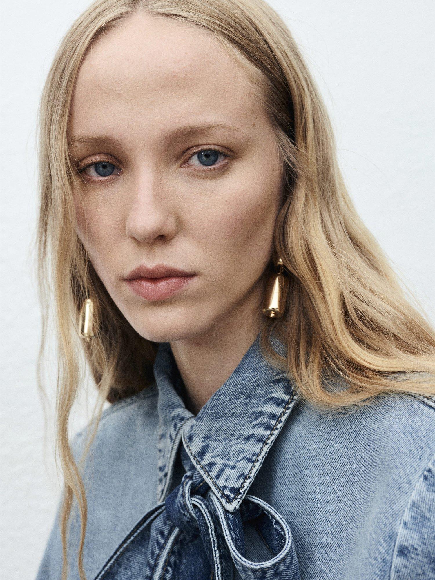 Product image 6 of 8, which shows Mango Lana Tie Neck Denim Shirt, Mid Blue, 6