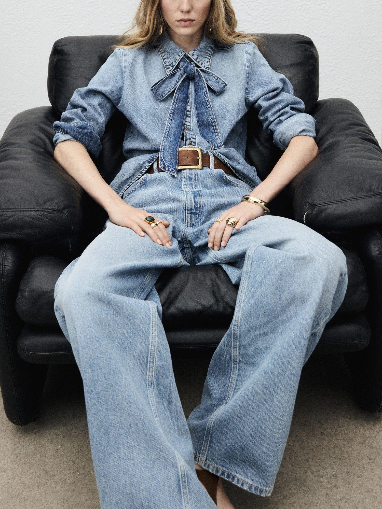 Product image 7 of 8, which shows Mango Lana Tie Neck Denim Shirt, Mid Blue, 6