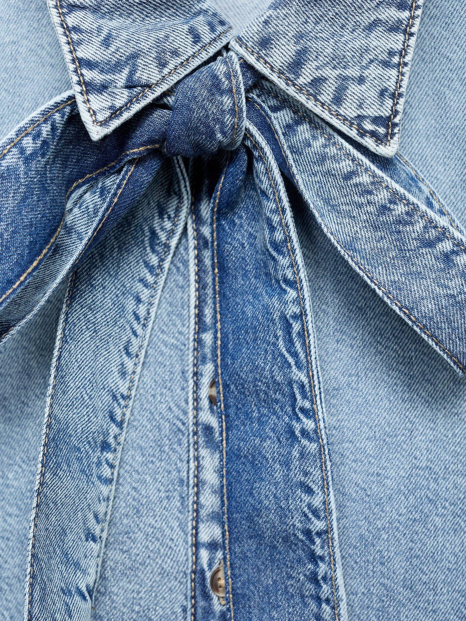 Product image 8 of 8, which shows Mango Lana Tie Neck Denim Shirt, Mid Blue, 6