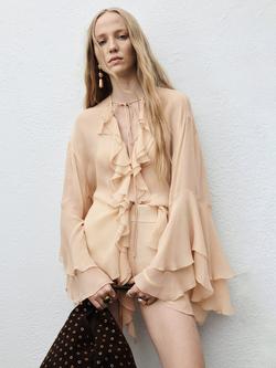 Mango Lea Long Sleeve Tie Neck Blouse, Pastel Pink