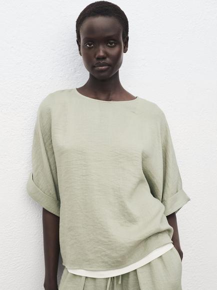 Mango Salvia Elbow Sleeve Top, Aqua, Aqua