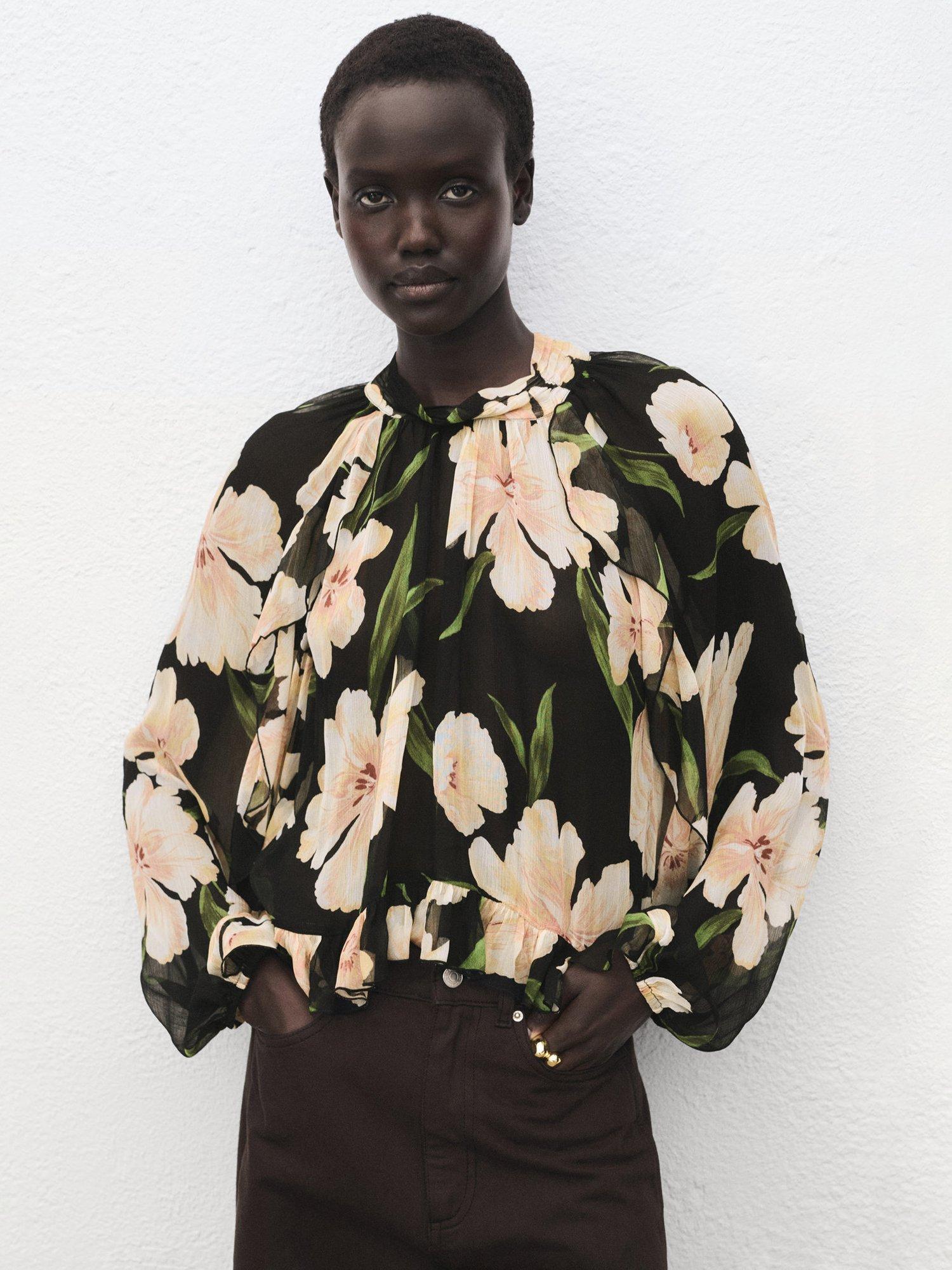 Product image 1 of 7, which shows Mango Salty Floral Blouse, Black, 10