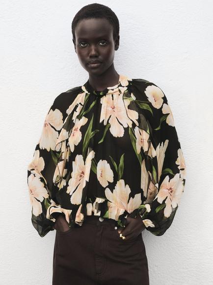 Mango Salty Floral Blouse, Black, Black