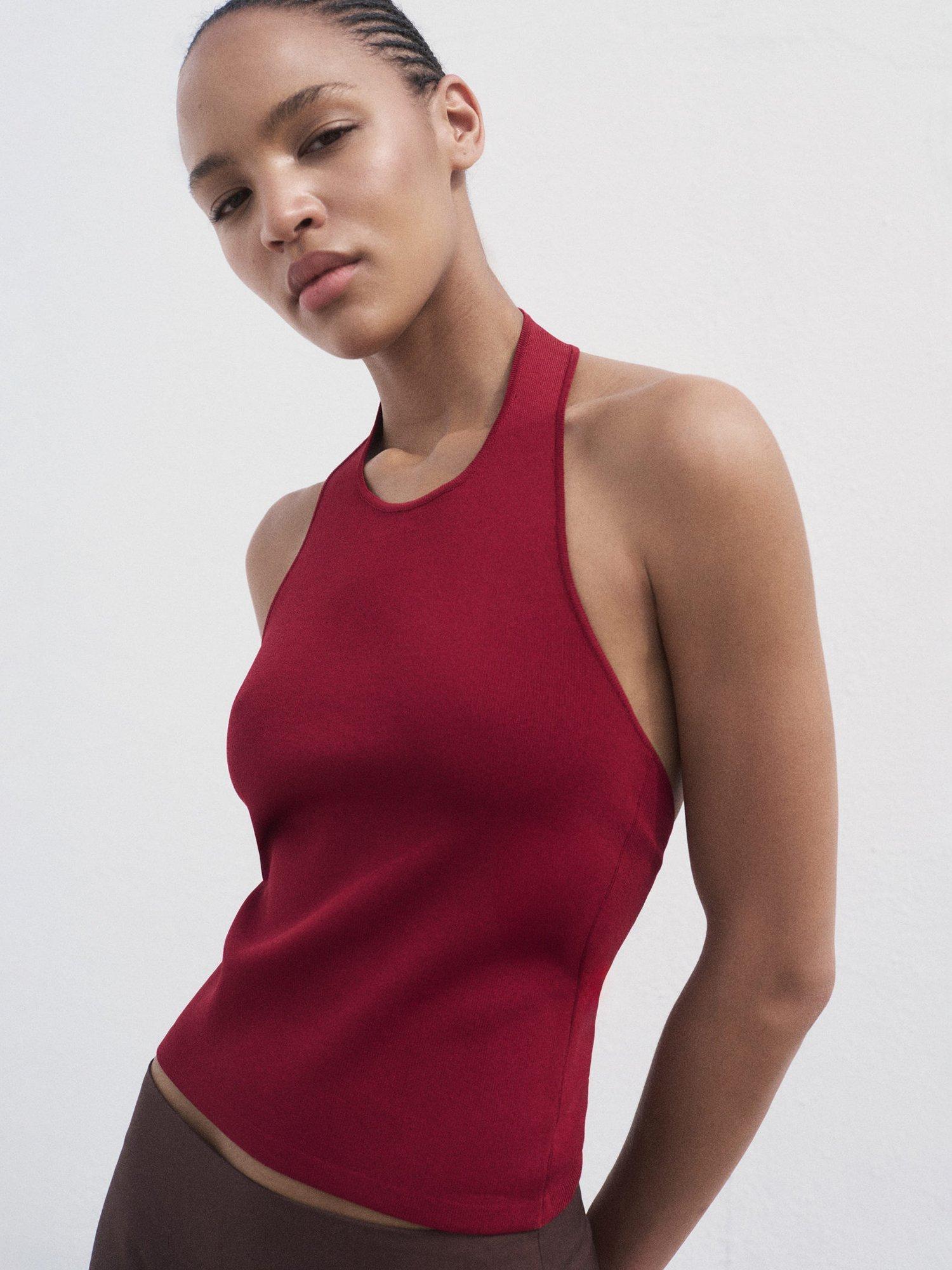 Product image 1 of 8, which shows Mango Gerard Halterneck Top, Dark Red, L