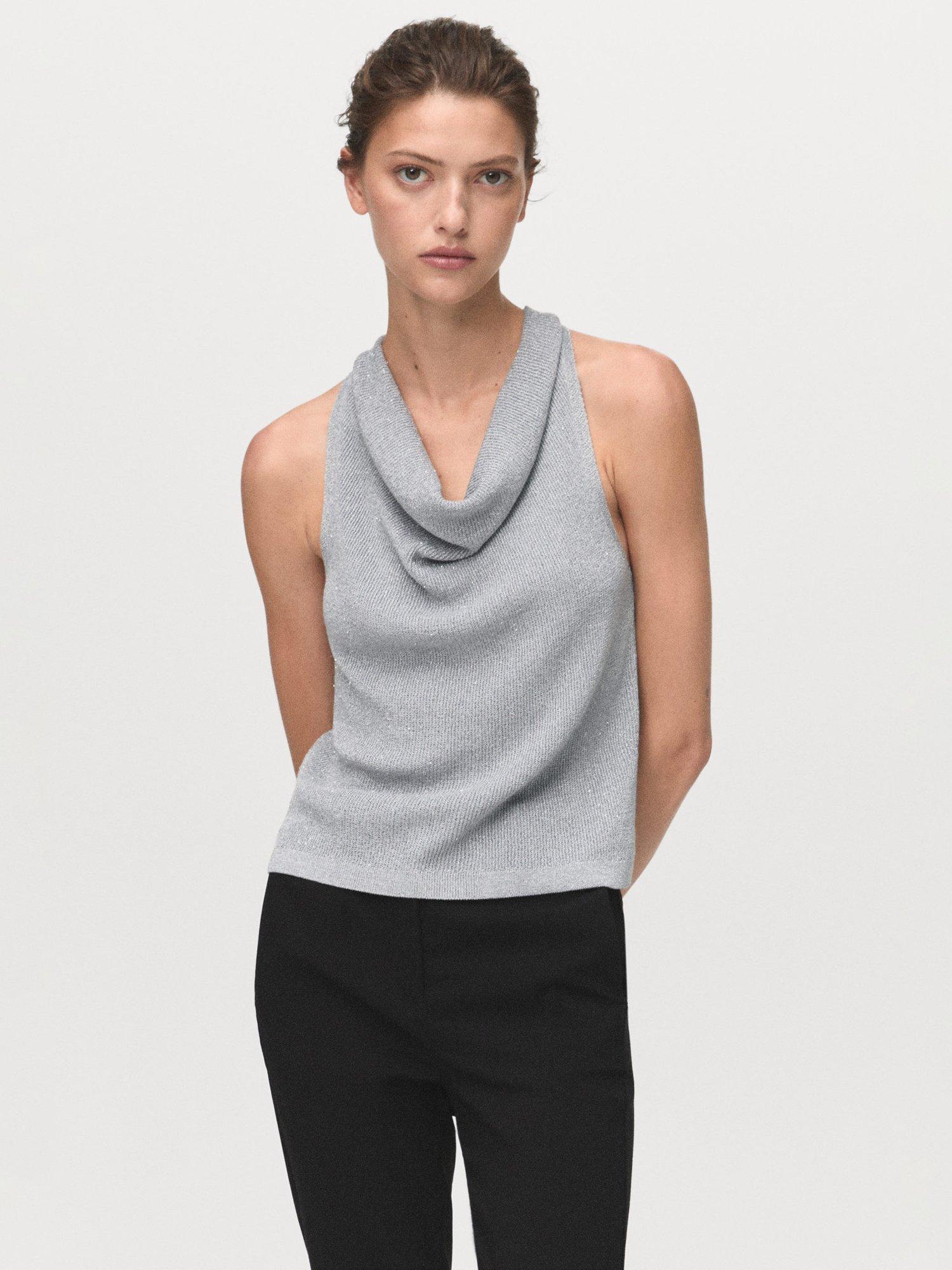Product image 1 of 7, which shows Mango Lilus Drape Neck Top, Silver, M