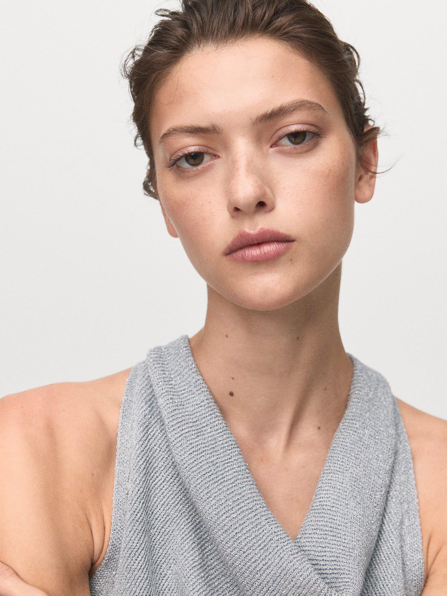 Product image 6 of 7, which shows Mango Lilus Drape Neck Top, Silver, M