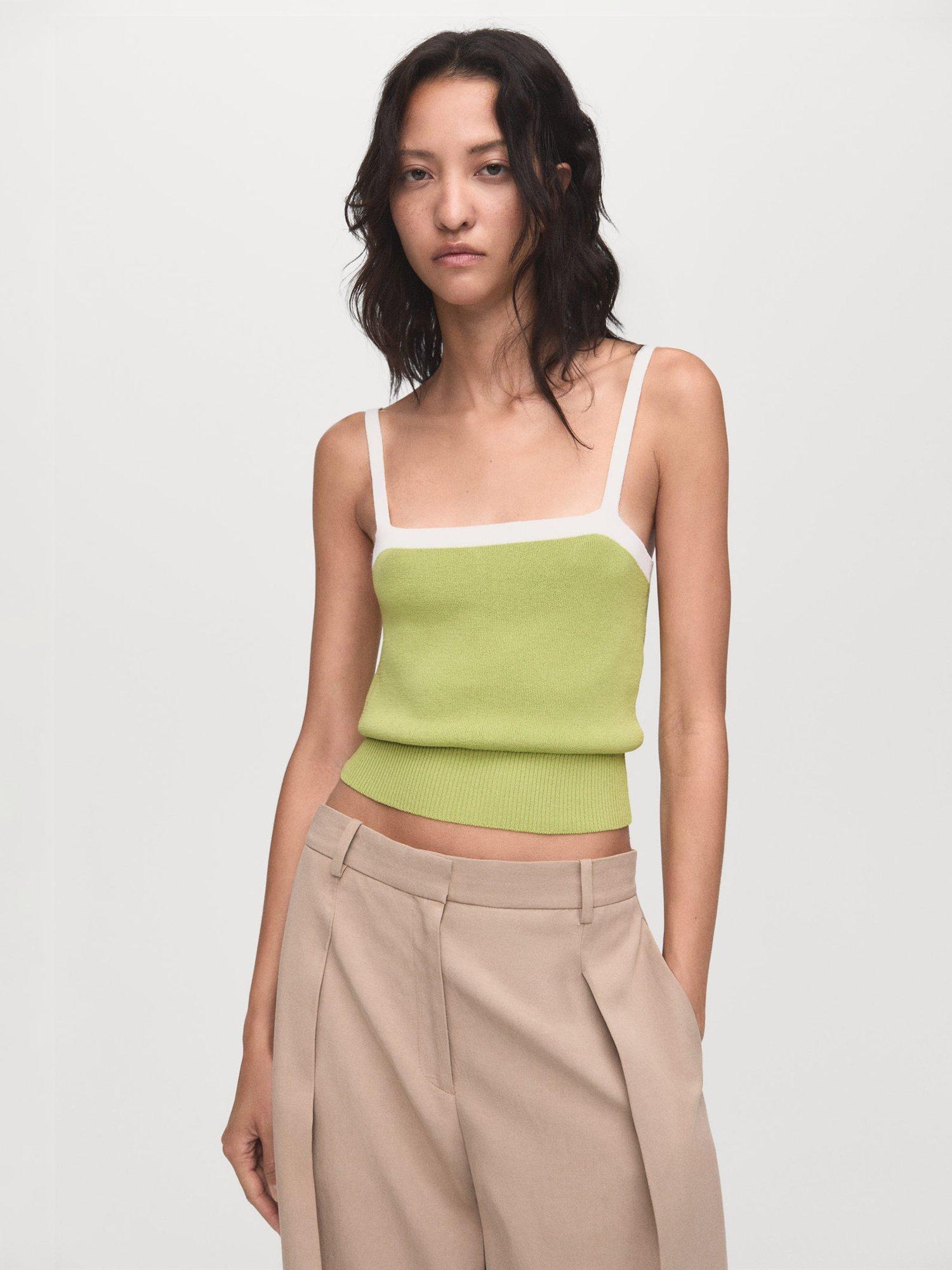 Product image 1 of 7, which shows Mango Moji Colour Contrast Strappy Top, Green, L