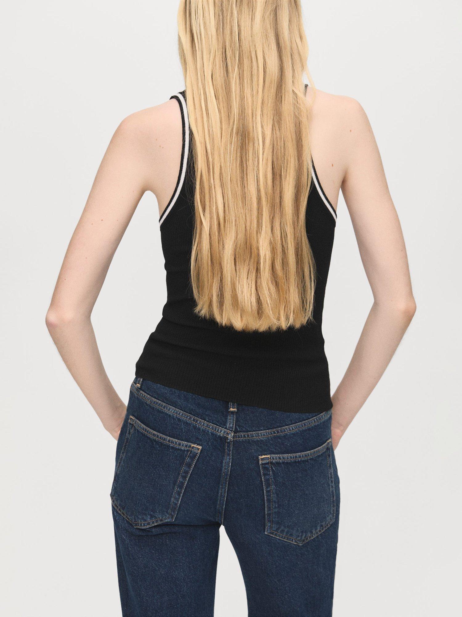 Product image 4 of 7, which shows Mango Shadow Contrast Trim Knit Top, Black, L