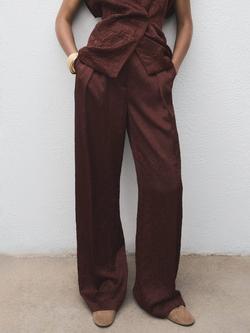 Mango Flor Crinkle Trousers, Dark Brown, Dark Brown