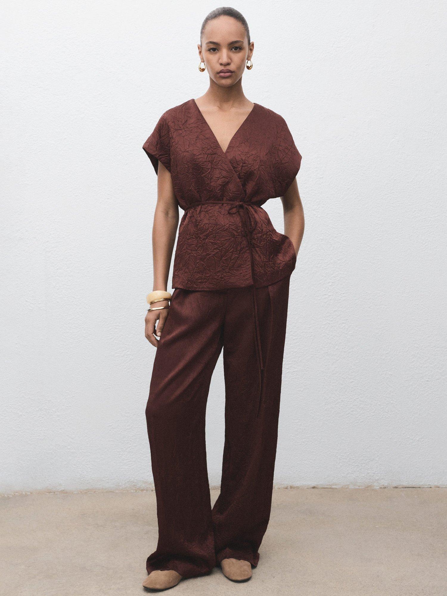 Product image 2 of 7, which shows Mango Flor Crinkle Trousers, Dark Brown, 10