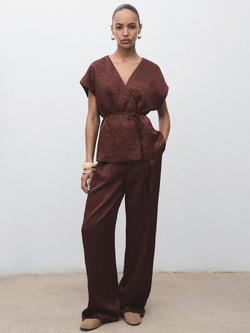 Mango Flor Crinkle Trousers, Dark Brown - view 2, Dark Brown
