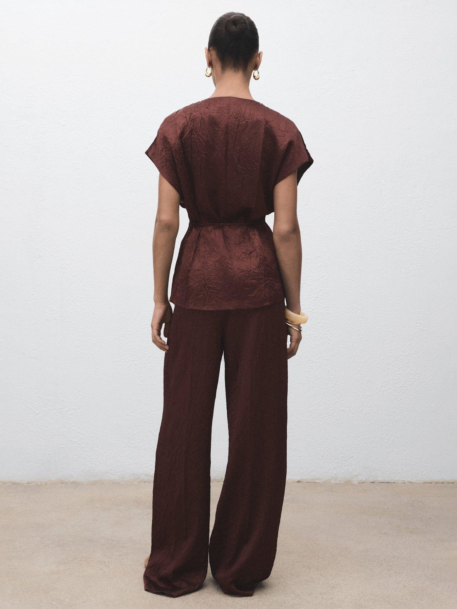 Product image 4 of 7, which shows Mango Flor Crinkle Trousers, Dark Brown, 10