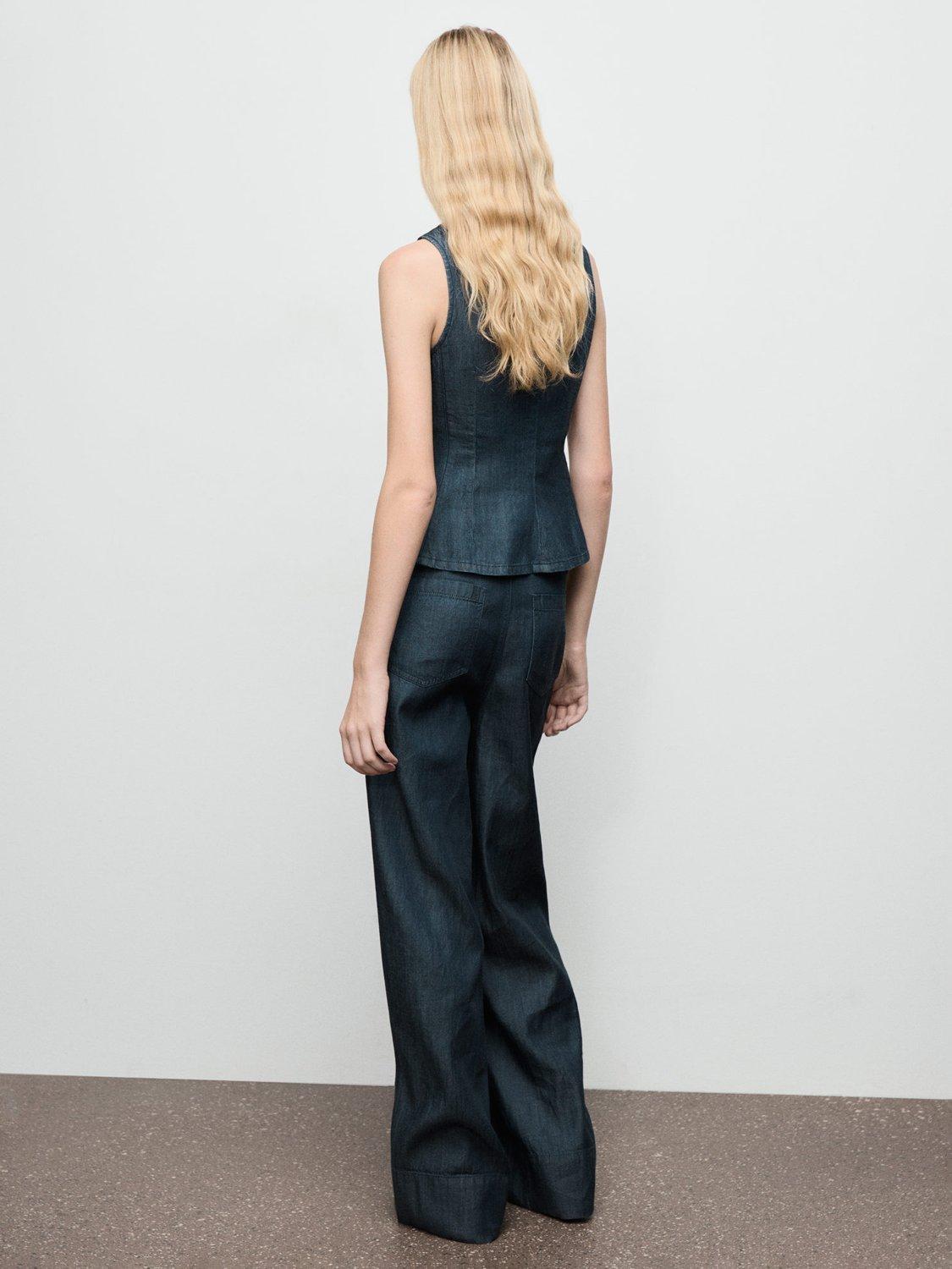 Product image 4 of 7, which shows Mango Lua Denim Wide Leg Trousers, Dark Blue, M