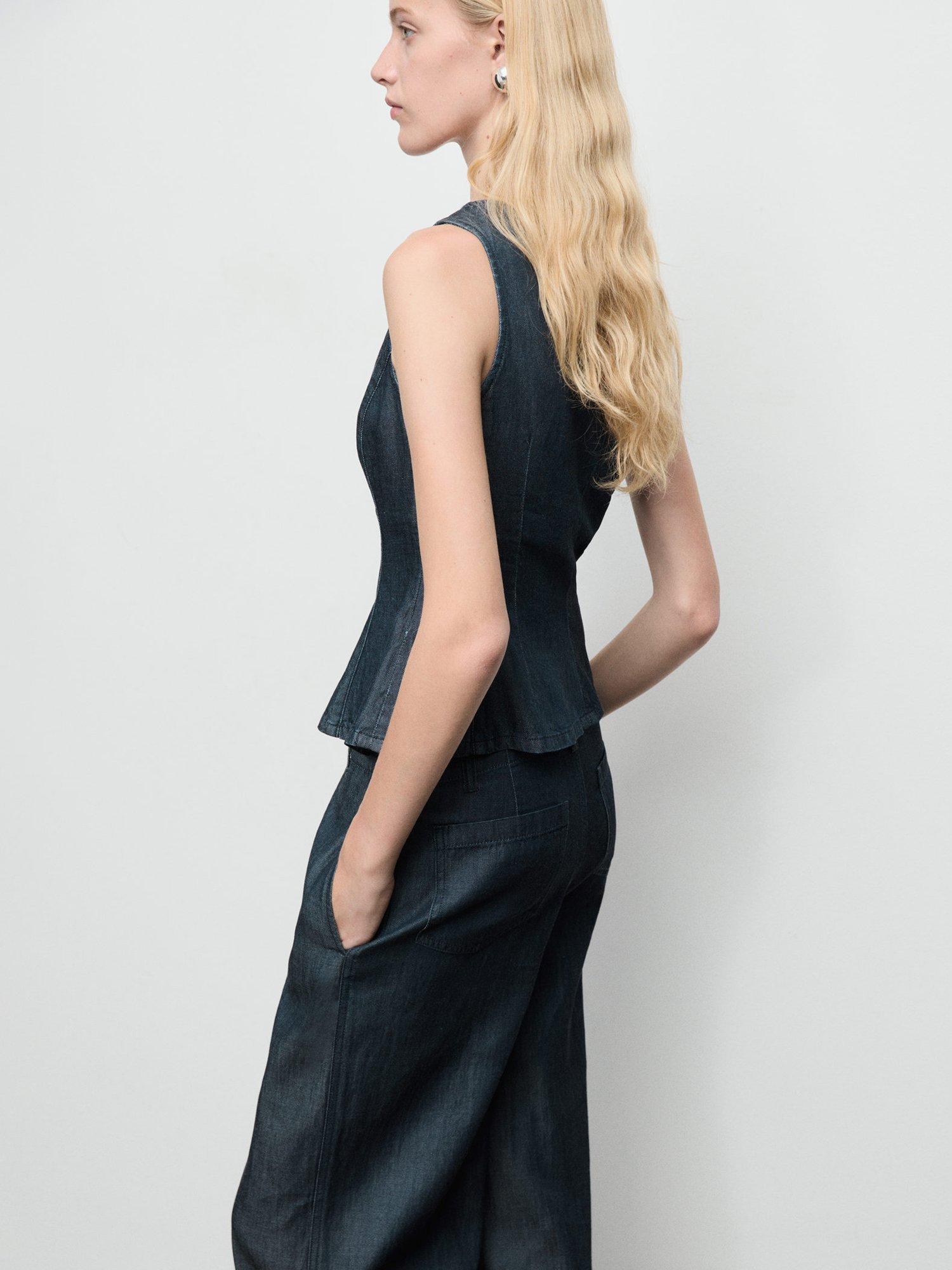 Product image 6 of 7, which shows Mango Lua Denim Wide Leg Trousers, Dark Blue, M