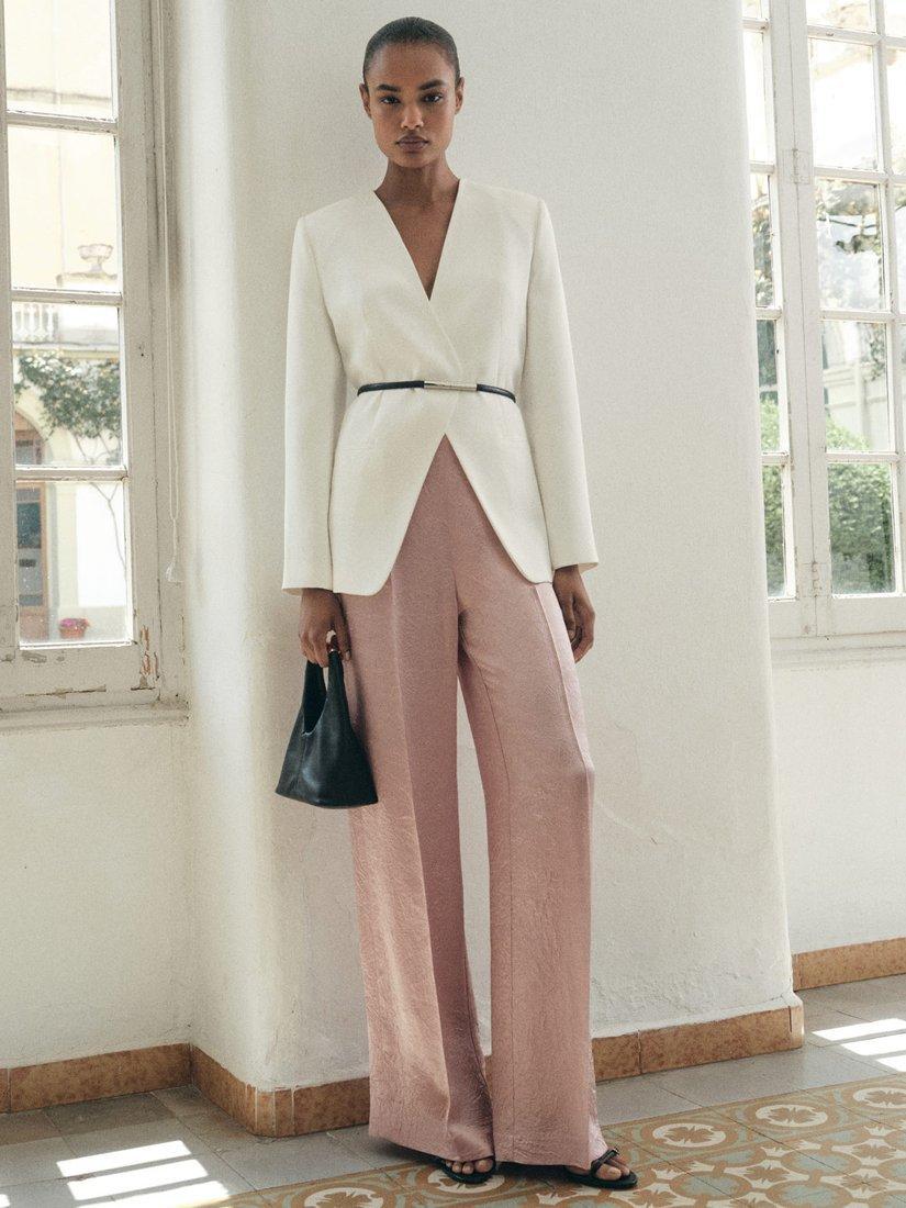 Product image 1 of 6, which shows Mango Raida Crinkle Trousers, Pastel Pink, 10