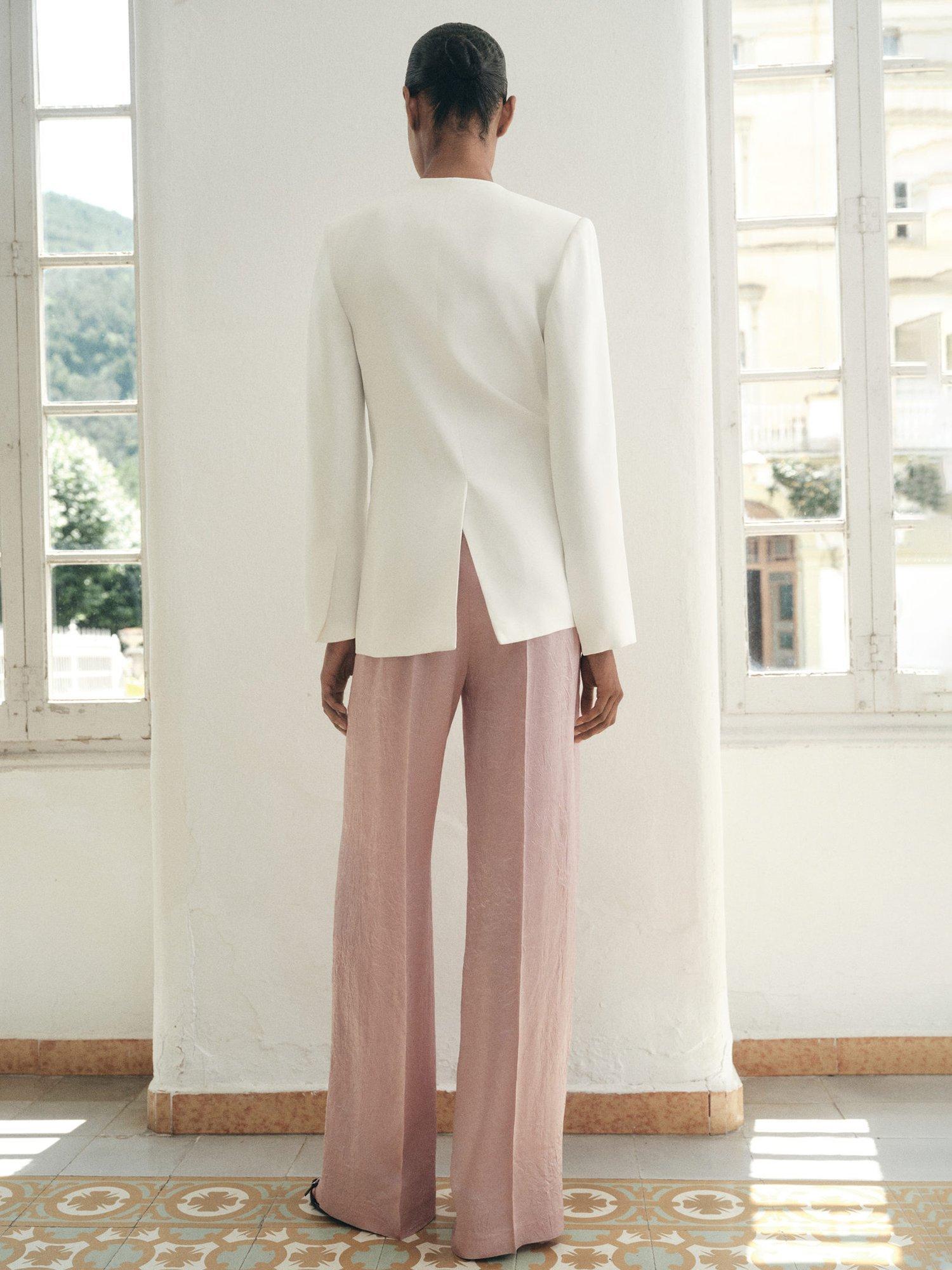 Product image 4 of 6, which shows Mango Raida Crinkle Trousers, Pastel Pink, 10