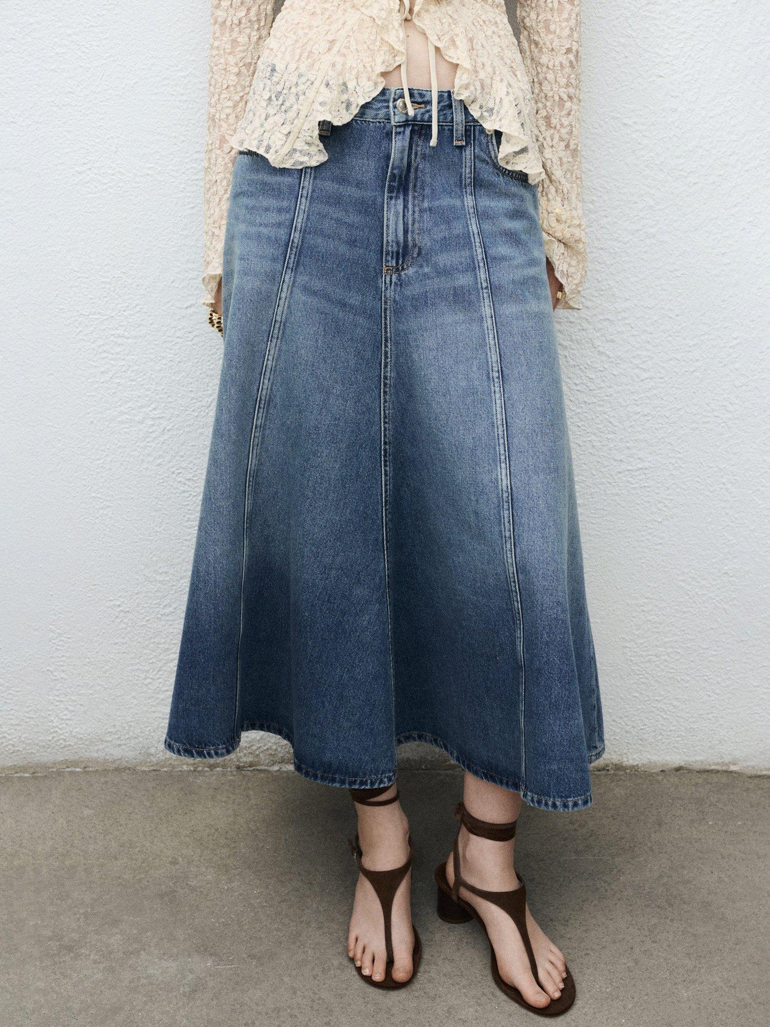 Product image 1 of 7, which shows Mango Alice Denim Skirt, Mid Blue, XS
