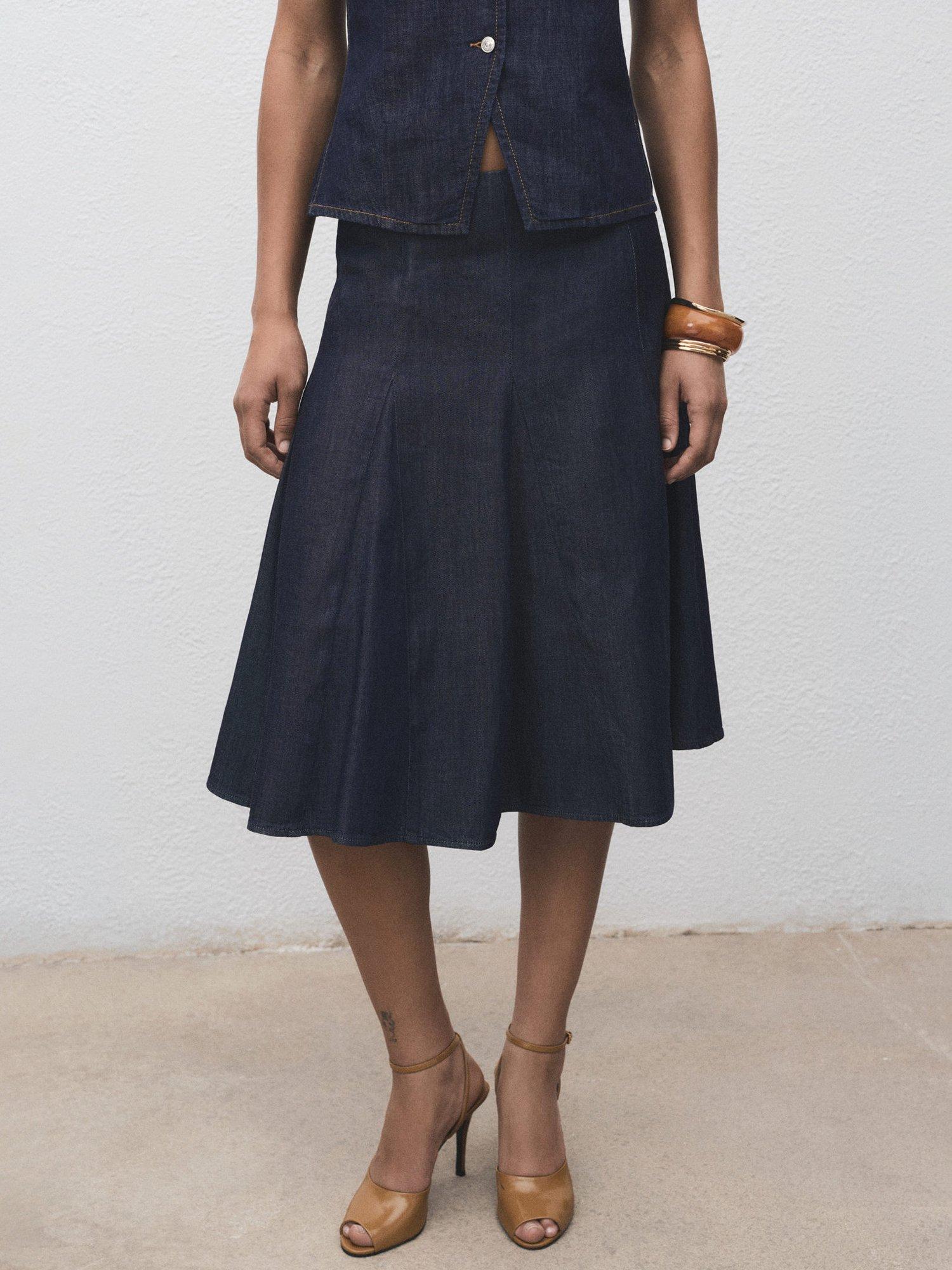 Product image 1 of 9, which shows Mango Blanes Flared Denim Skirt, Dark Blue, 4XL
