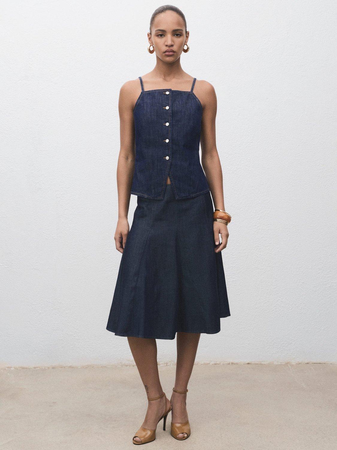 Product image 2 of 9, which shows Mango Blanes Flared Denim Skirt, Dark Blue, 4XL