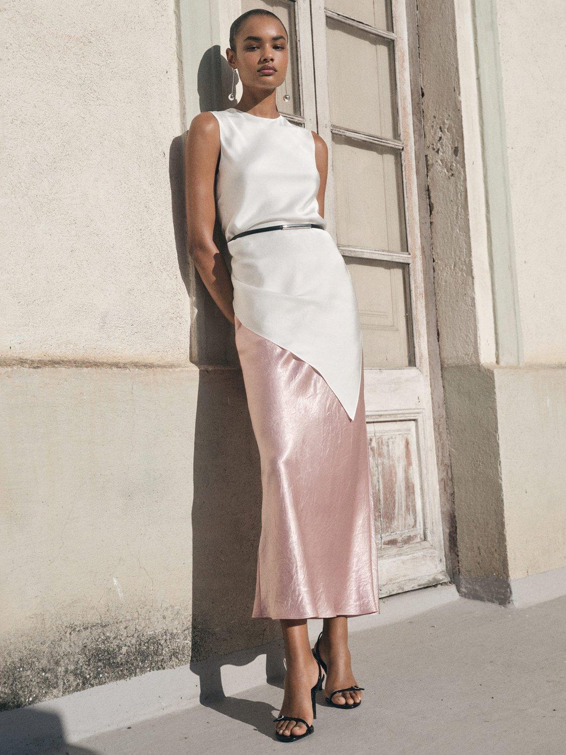 Product image 2 of 7, which shows Mango Raida Satin Skirt, Pastel Pink, XXXL