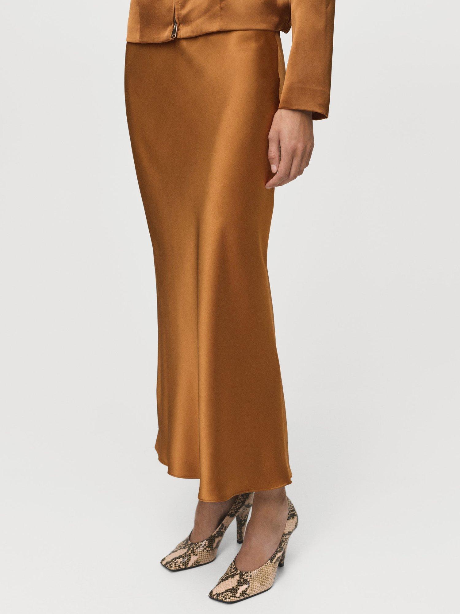 Product image 1 of 8, which shows Mango Mia Satin Midi Skirt, Dark Brown, S