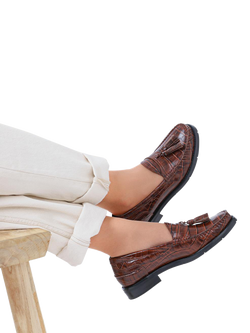 Jones Bootmaker Tiffany Leather Croc Moccasins - view 2, Brown