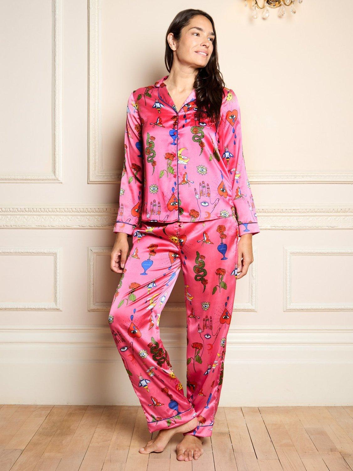 Product image 1 of 4, which shows Their Nibs Magik Satin Pyjama Set, Hot Pink, XL