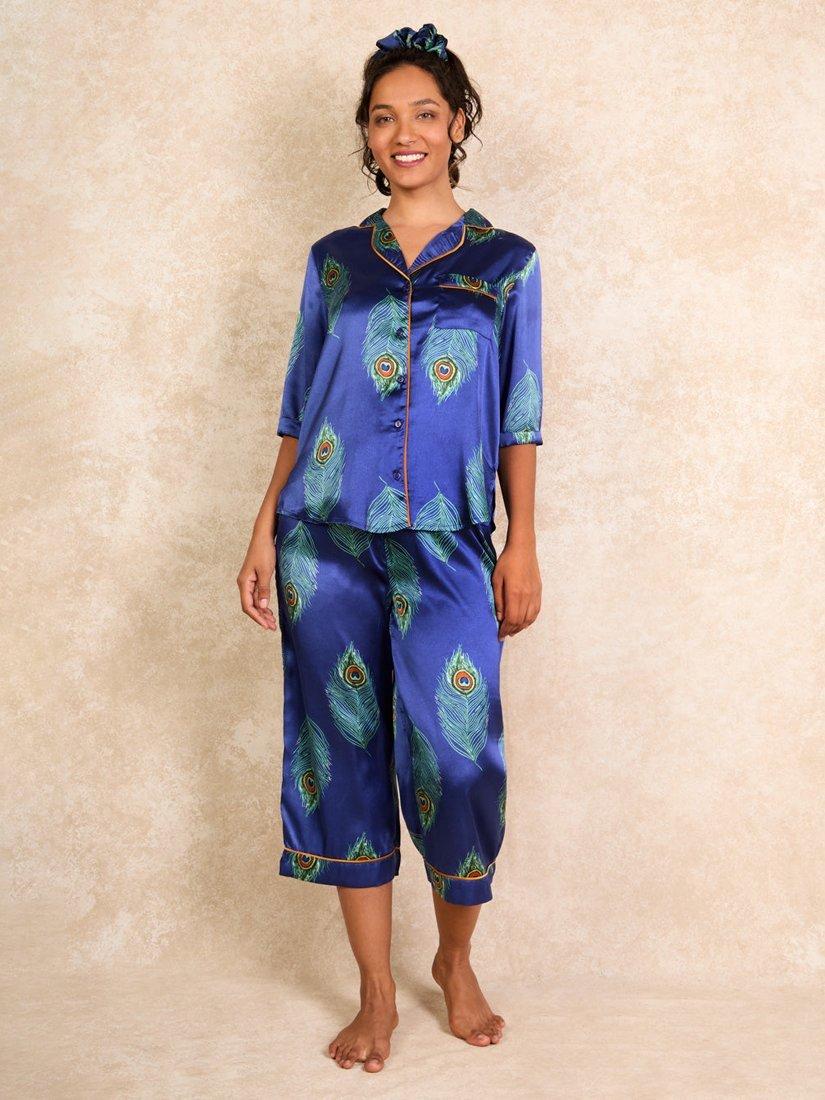 Product image 1 of 3, which shows Their Nibs Peacock Satin Capri Pyjama Set, Navy, XL