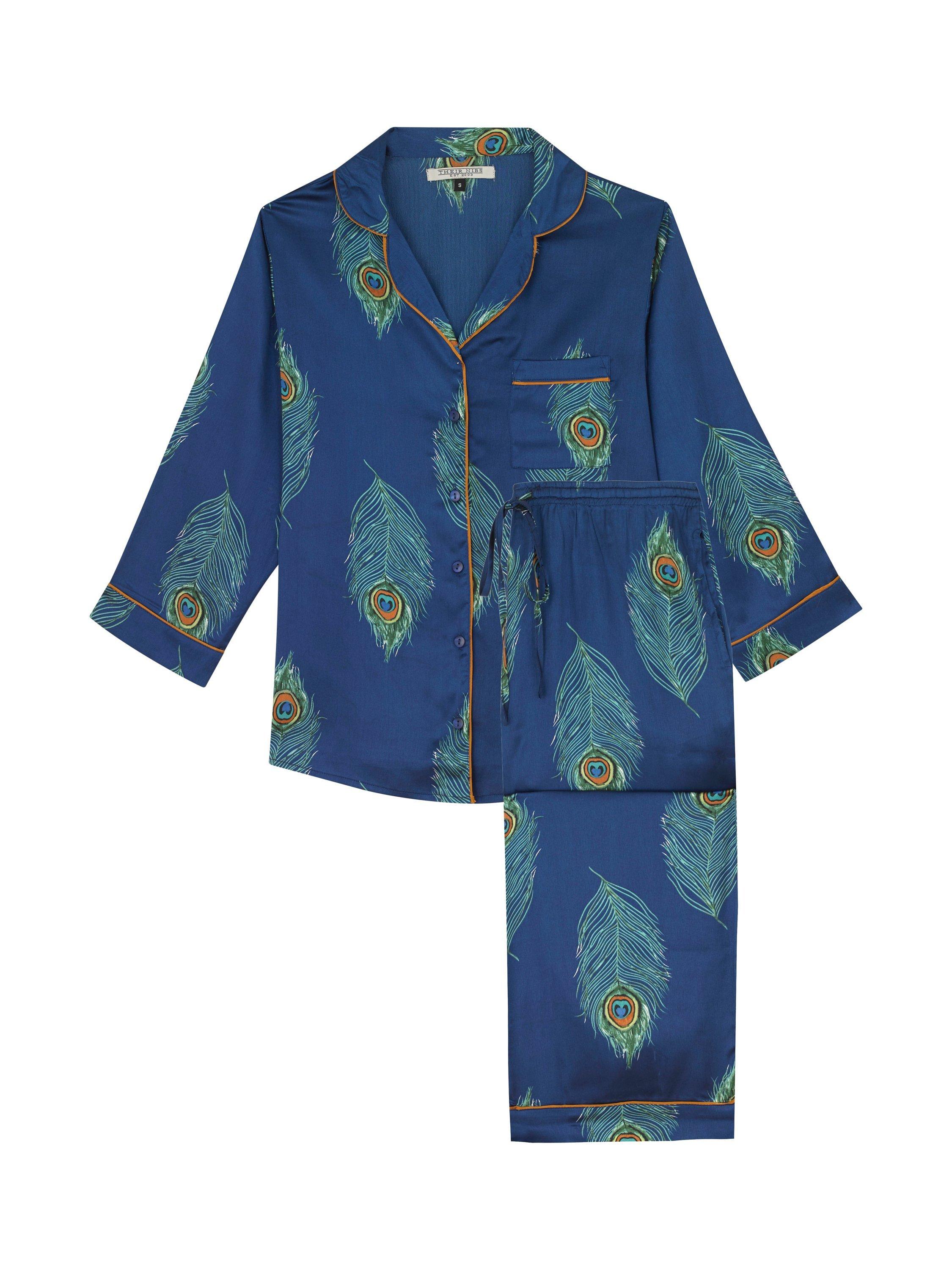 Product image 3 of 3, which shows Their Nibs Peacock Satin Capri Pyjama Set, Navy, XL