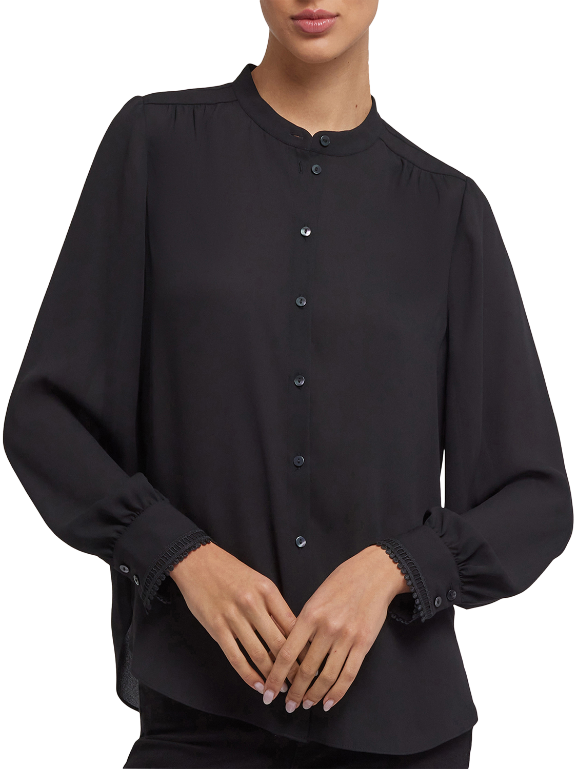 Product image 1 of 6, which shows NYDJ Janie Long Sleeve Round Neck Blouse, Black, XS