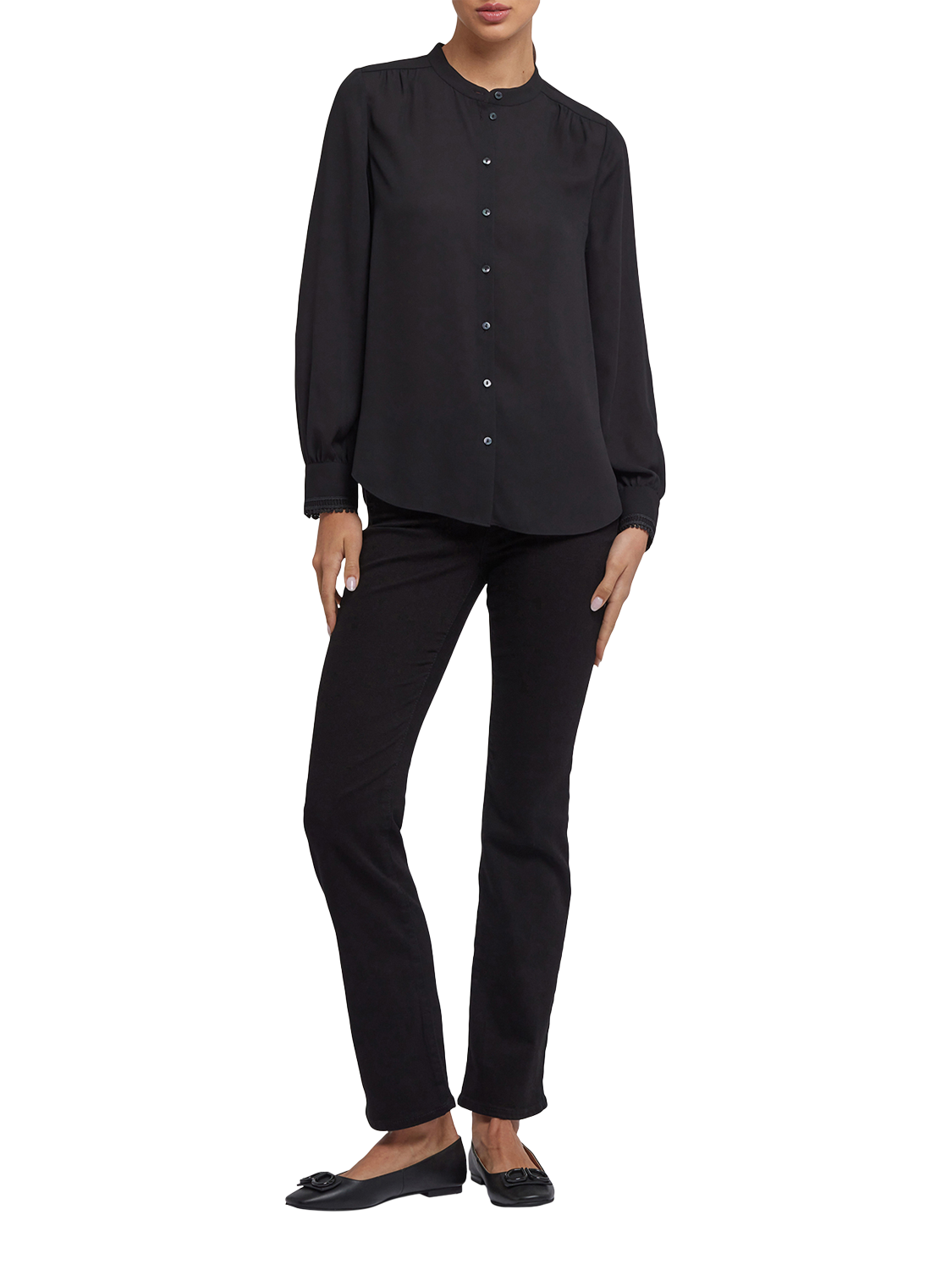 Product image 4 of 6, which shows NYDJ Janie Long Sleeve Round Neck Blouse, Black, XS