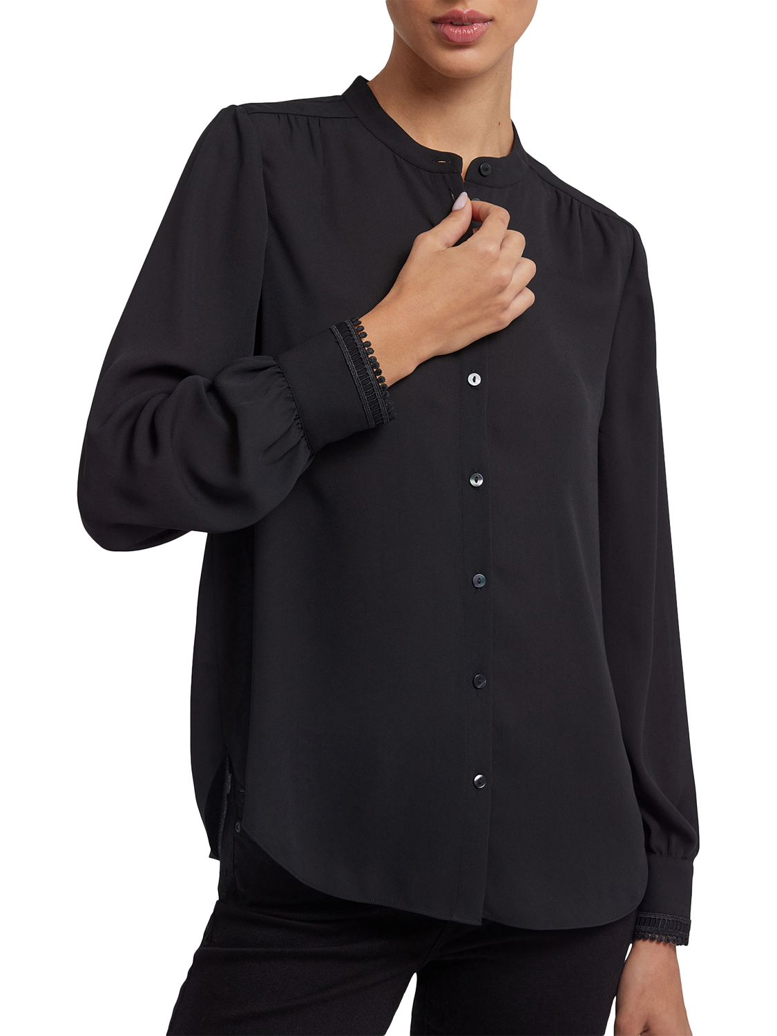 Product image 5 of 6, which shows NYDJ Janie Long Sleeve Round Neck Blouse, Black, XS