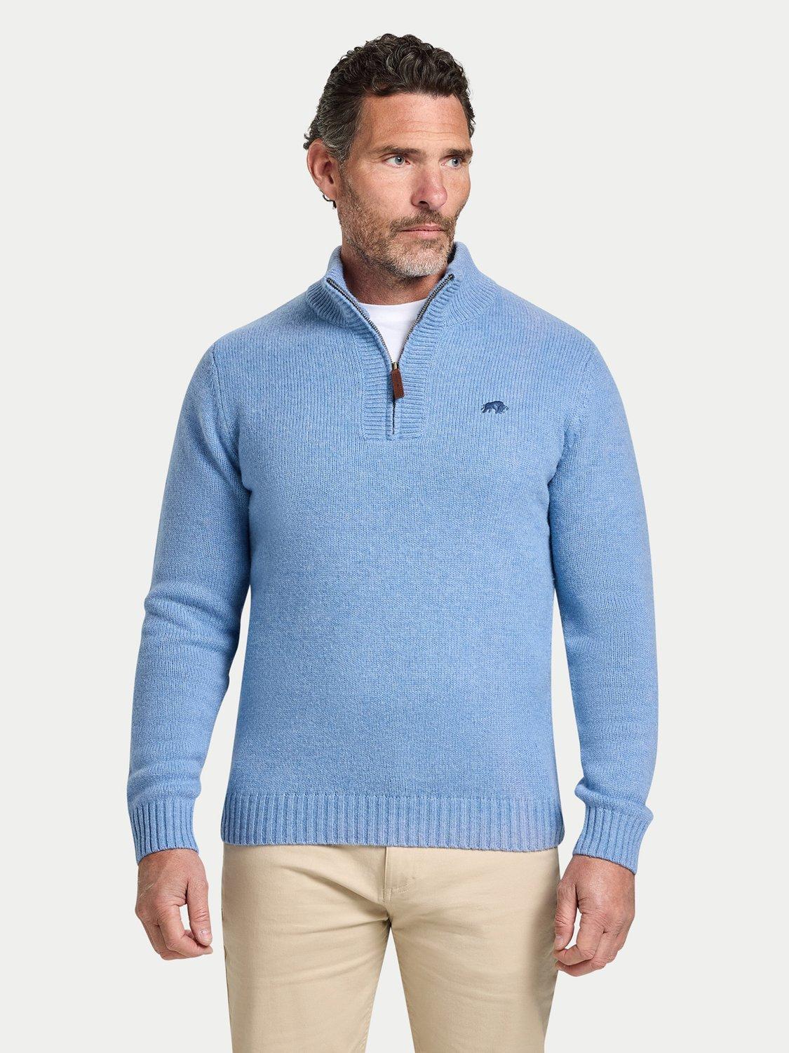 Product image 1 of 7, which shows Raging Bull Wool Blend Chunky Fleck Quarter Zip Jumper, Chambray, S
